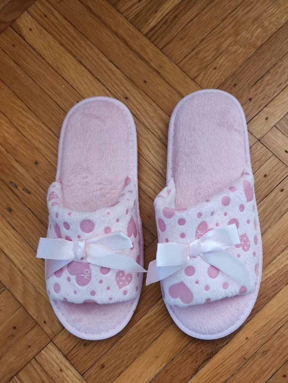 Pink Heart Polka Dot Plush Slippers with Bow